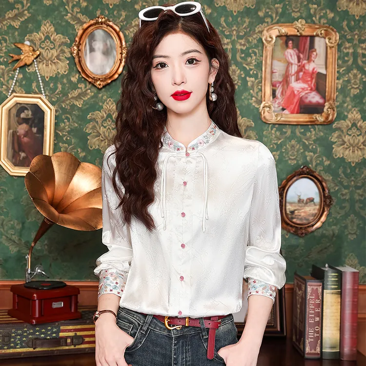 新中式国风衬衫女白色刺绣复古衬衣盘扣唐装汉服气质中国风上衣