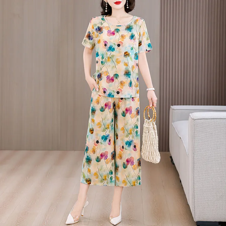 棉绸套装女夏季新款洋气时尚休闲简约人造棉短袖七分阔腿裤两件套