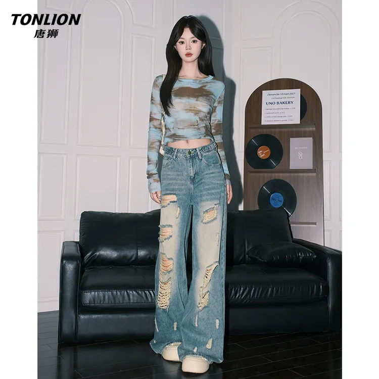 唐狮复古蓝色高街破洞阔腿牛仔裤女夏季新款高腰宽松垂感直筒裤