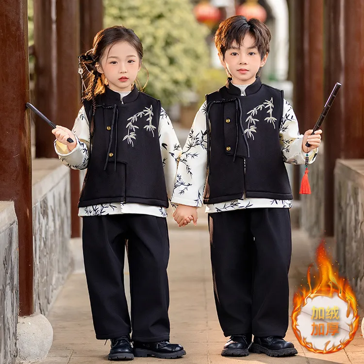 潮秋冬新款儿童汉服男童新中式国风套装宝宝男孩古装加绒古风唐装