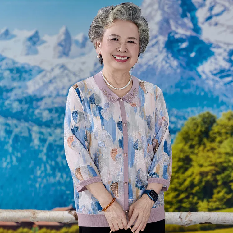 妈妈夏装2025新款薄款针织小衫洋气上衣中老年女套头七分袖T恤衫