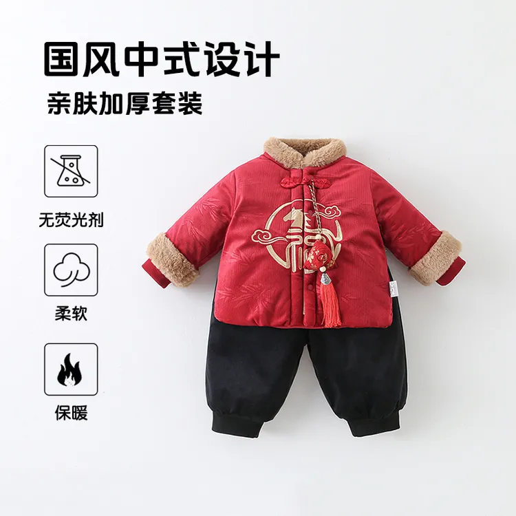 男童冬季年服新款宝宝新中式分体套装婴儿外出服加绒加厚周岁唐装