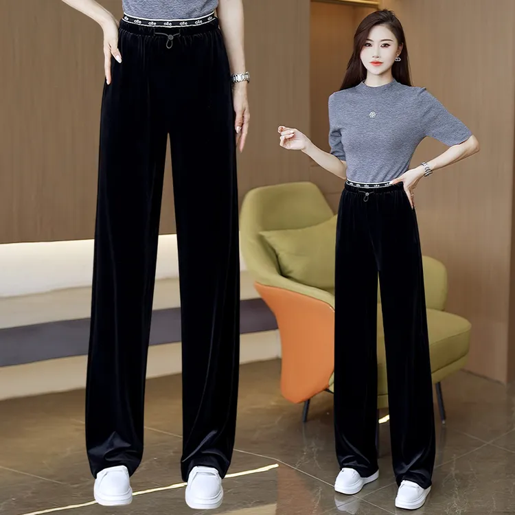 法式2025春秋休闲宽松长裤女装显瘦裤洋气高腰时尚复古金丝绒女裤