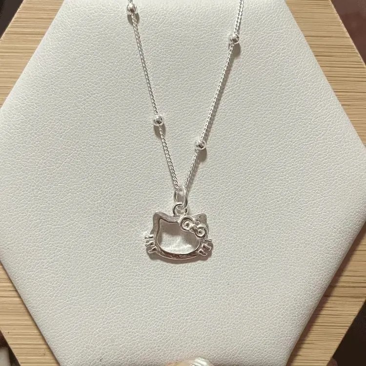 坠链均足银 足银999镂空HelloKitty猫头可爱项链简约锁骨链百搭  