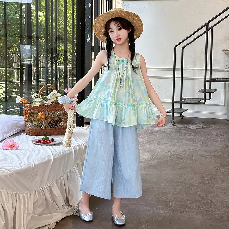 女童夏装套装2025年衣服儿童韩系12-15岁女孩夏季碎花背心阔腿裤