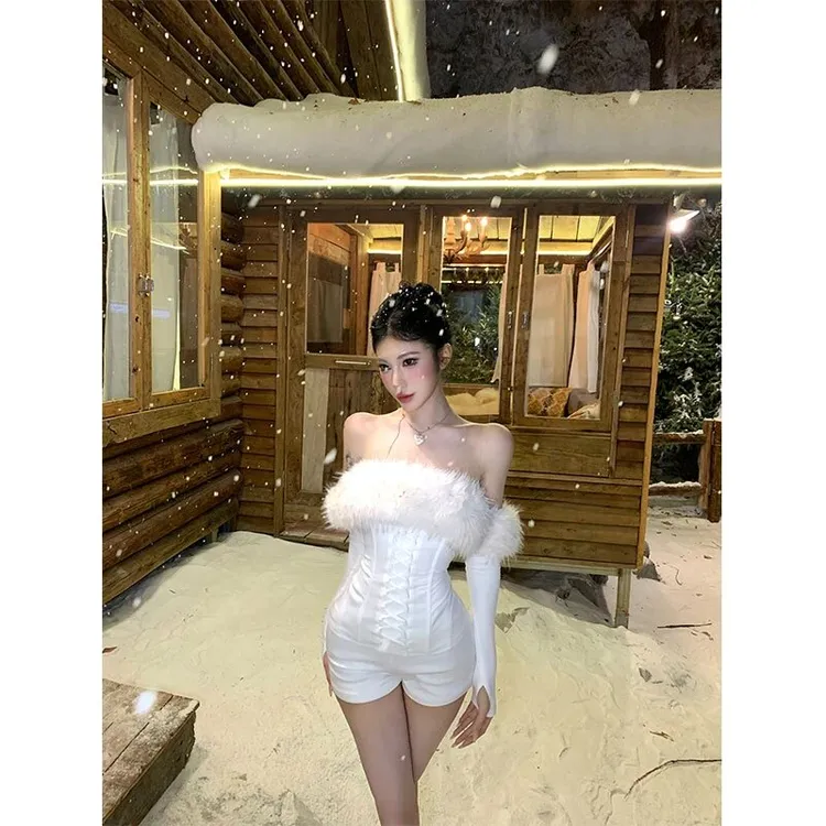 【雪国卡戴珊】法式毛毛圈一字肩性感辣妹鱼骨胸衣搭显瘦百搭短裤女