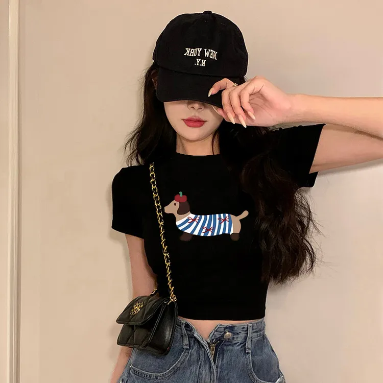 黑色小狗印花短款短袖t恤女高腰露脐修身百搭韩版设计感小众上衣