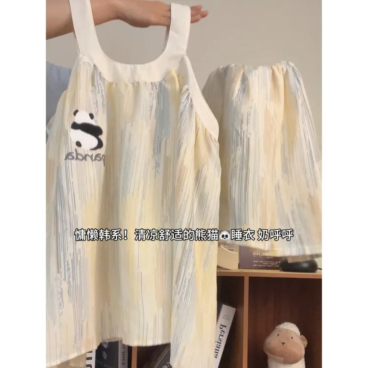 睡衣女士夏季薄款吊带背心2025新款可爱高级感ins家居服套装熊猫