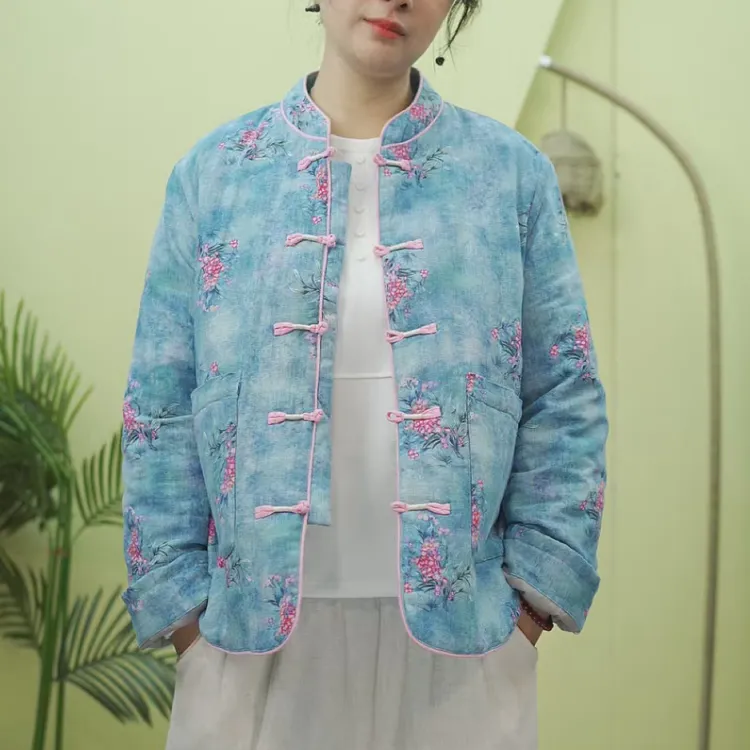 新中式立领对襟厚款盘扣保暖棉麻棉衣国风冬季外套