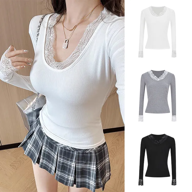 早秋蕾丝花边拼接打底衫U领修身显瘦上衣女春秋