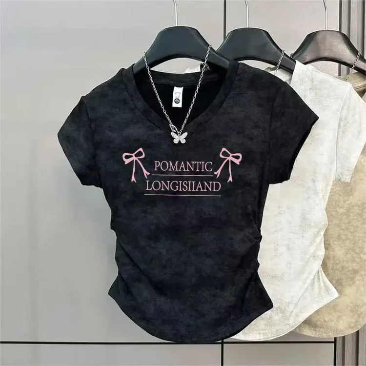 夏季新款童装蝴蝶结纯棉印花正肩褶皱V领修身女童夏装上衣半袖T恤