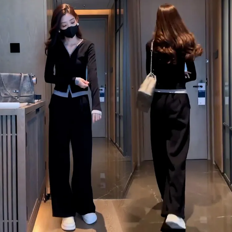 早秋季搭配一整套装女2025年假两件V领上衣直筒垂感阔腿裤两件套