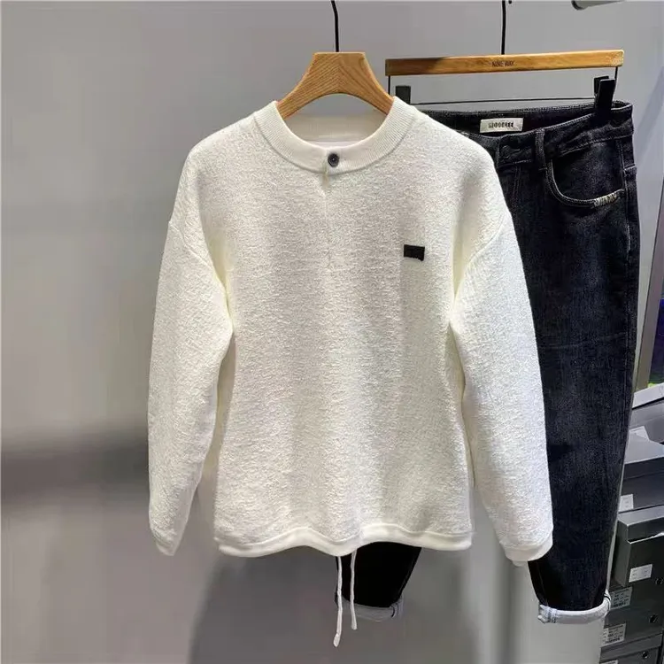 冬季简约纯色一粒扣设计圆领针织毛衣潮流男士流行羊毛通勤内搭潮