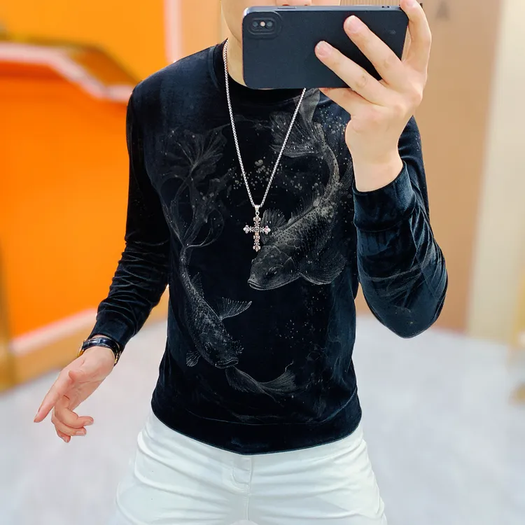 阿凯严选-欧货2025秋季新款男士长袖潮流时尚圆领丝绒打底卫衣