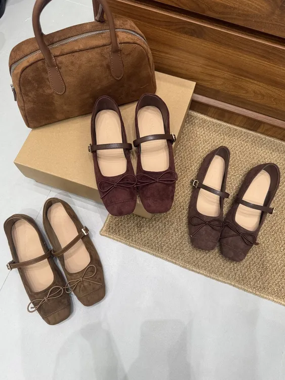 2025新款法式复古绒面方头芭蕾舞平底玛丽珍单鞋女蝴蝶结浅口瓢鞋