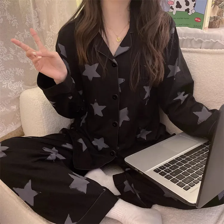 2025新款女生睡衣秋季爆款长袖长裤睡衣黑色高级感星星套装家居服