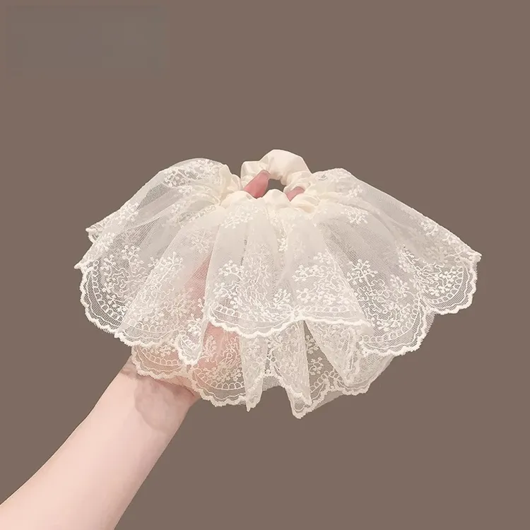 法式米色蕾丝双层裙摆大肠发圈女气质扎马尾头花高级感丸子头A764