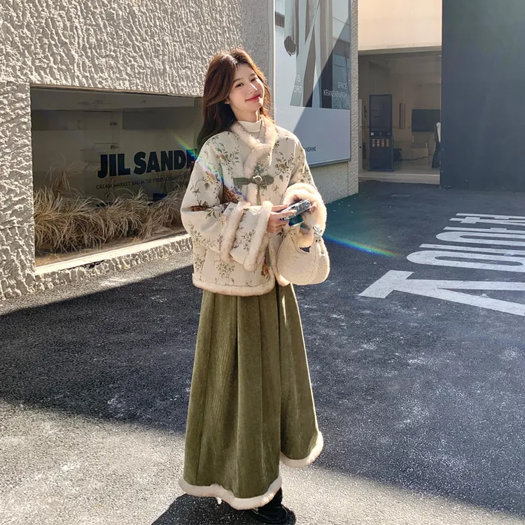 新中式国风加绒套装裙2025冬季新款复古氛围感千金风毛绒边两件套