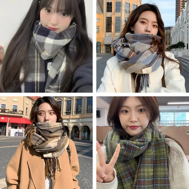 复古绿色格子围巾女冬季仿羊绒围脖女学生日礼物针织冬天流苏百搭