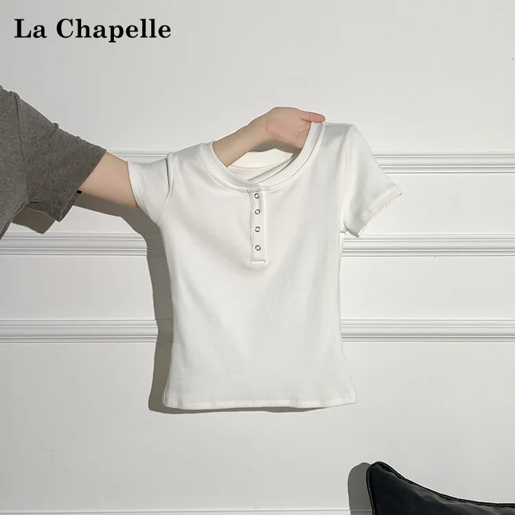 拉夏贝尔韩系INS风纯色摁扣半开领短袖T恤女夏季收腰修身绝美上衣