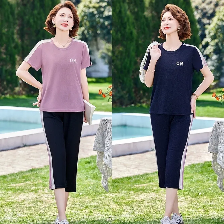 妈妈夏装休闲洋气中老年女装短袖T恤上衣时尚中年女士运动服套装