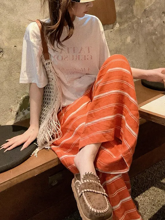 2025巨好看的套装清纯系夏日穿搭橘色条纹休闲裤子t恤两件套女装