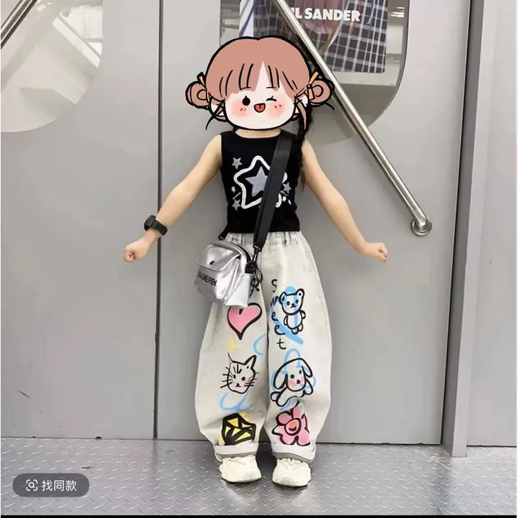 【七小彩】新款夏季涂鸦儿童牛仔裤女童阔腿裤宽松韩系小童背心套装