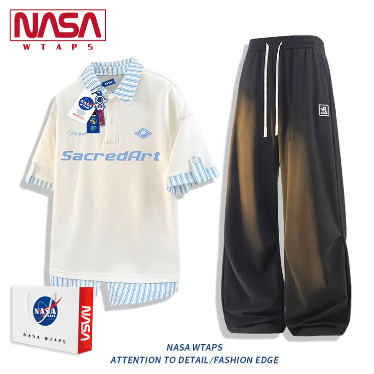 NASA WTAPS美式假两件polo领短袖长裤套装男款夏季宽松休闲两件套