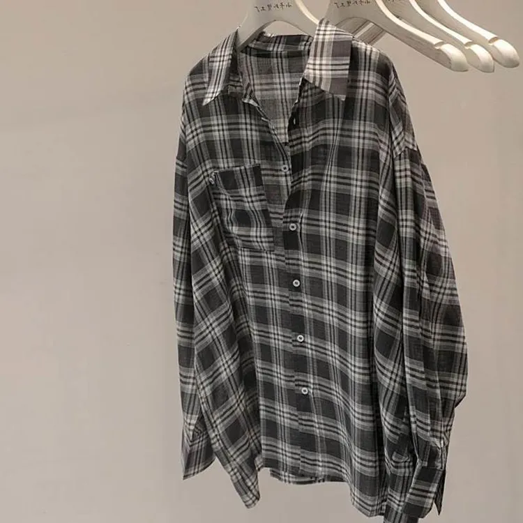 灰格子防晒衬衫女夏季欧货时尚宽松休闲中长款慵懒风长袖衬衣罩衫