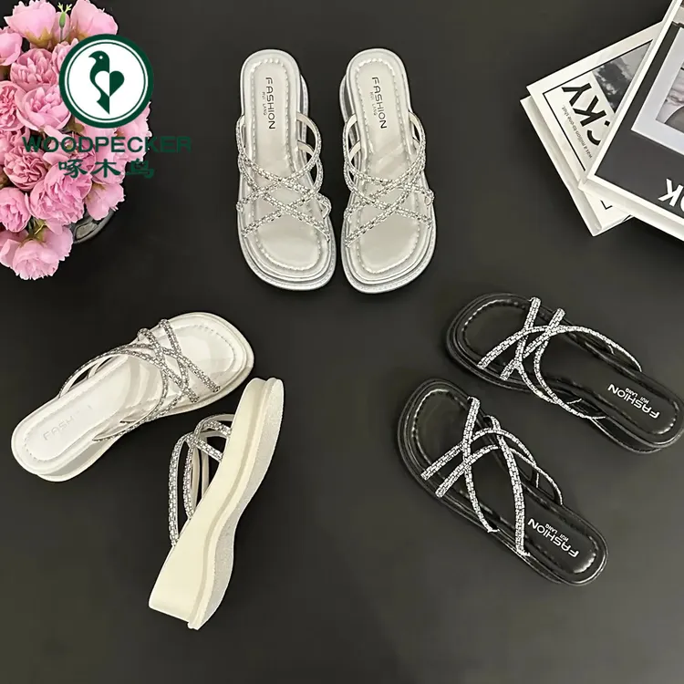 啄木鸟网红水钻拖鞋女夏外穿时尚新款仙女风松糕厚底炸街防滑银色