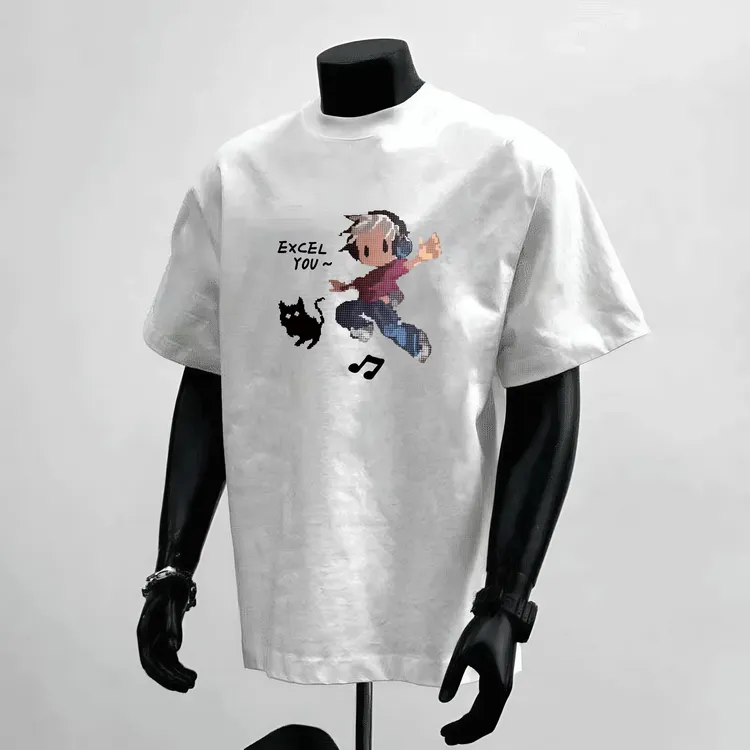 男短袖T恤美式潮流像素小人重磅纯棉圆领宽松简约高级感百搭T恤男