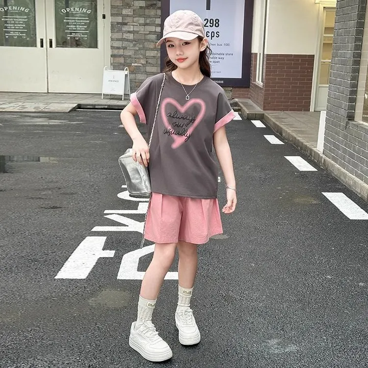 女童夏装拼色T恤短裤两件套2025新款中大童韩版上衣五分裤套装潮