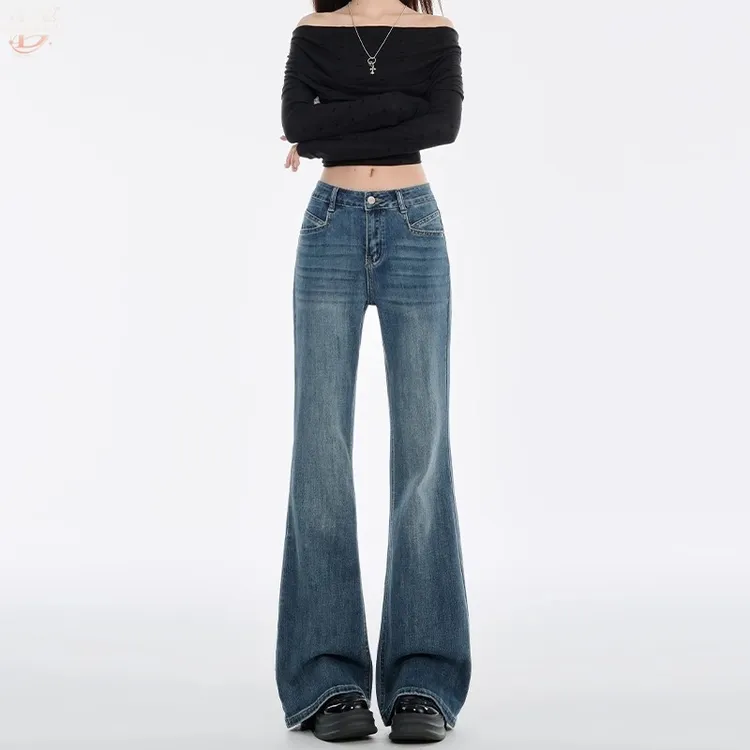 复古高腰微喇牛仔裤女新款酷飒纯欲慵懒风显瘦弹力宽松拖地喇叭裤