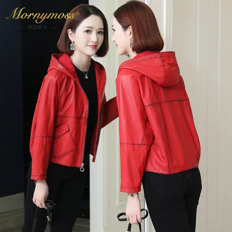 默尼密司品牌真皮皮衣女短款2025新款春秋连帽时尚机车服绵羊皮单