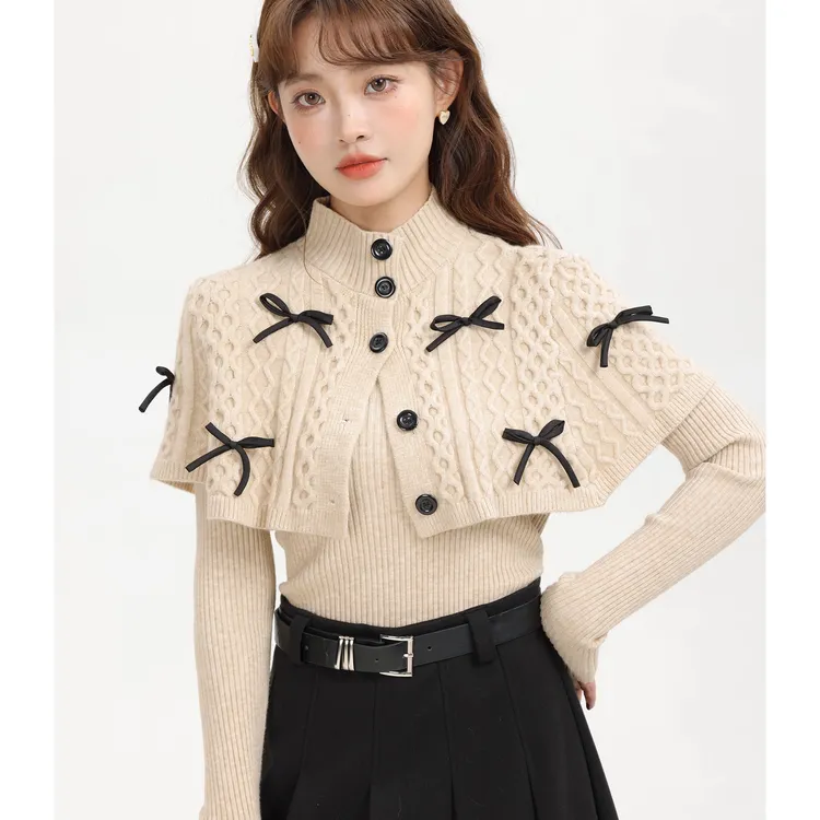 蝴蝶结针织衫小众叠穿披肩斗蓬上衣女秋冬季百搭修身别致独特毛衣