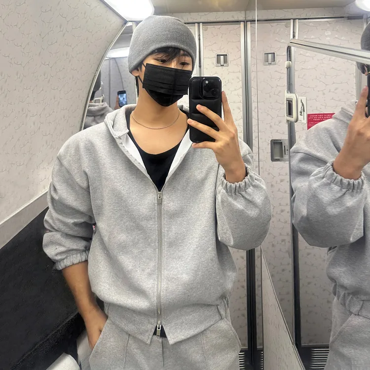 MRCYC短款灰色连帽卫衣男春季新款开衫外套韩版潮流休闲运动套装