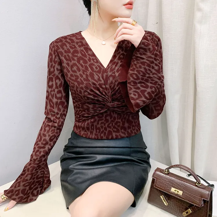 2025年春季新款时尚豹纹印花网纱长袖上衣修身显瘦打底百搭T恤女