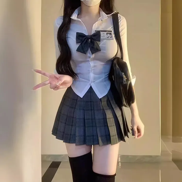 jk制服纯欲辣妹收腰衬衫女春秋学院风白色衬衣修身显瘦打底上衣