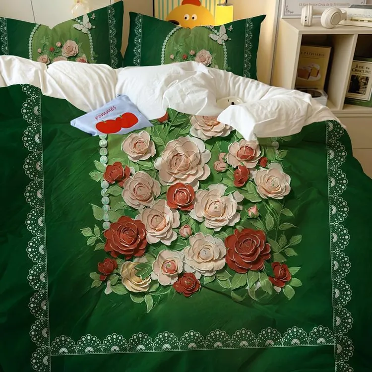 春上新法式浪漫花期玫瑰花绿色水洗棉床上用品四件套被套床单笠3