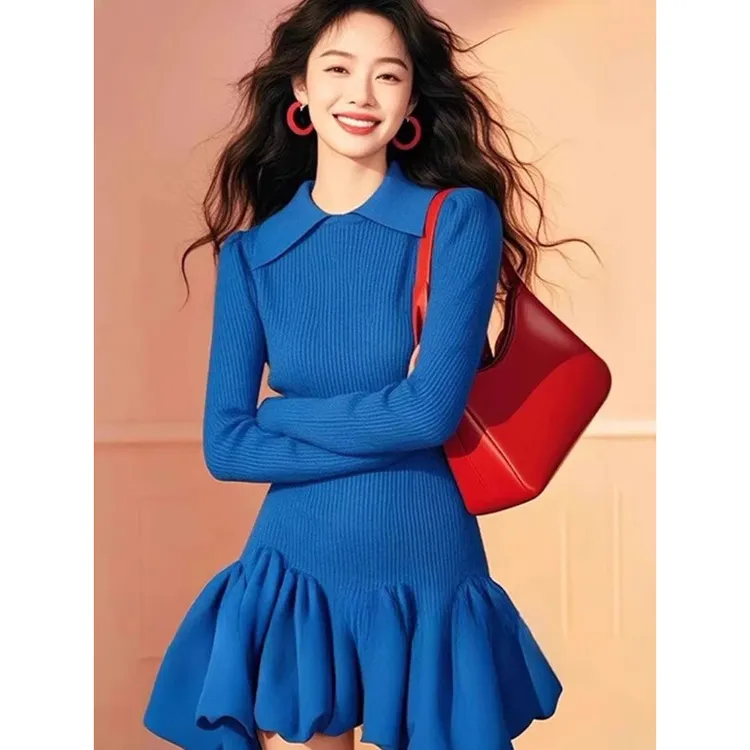法式绝美气质蓝色显白连衣裙女装2025春季新款时尚千金感针织裙子