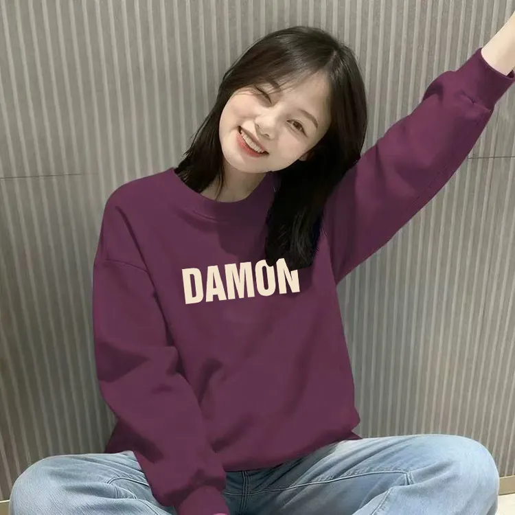 韩版圆领长袖加绒卫衣秋冬新款减龄宽松大码上衣设计感小个子外套