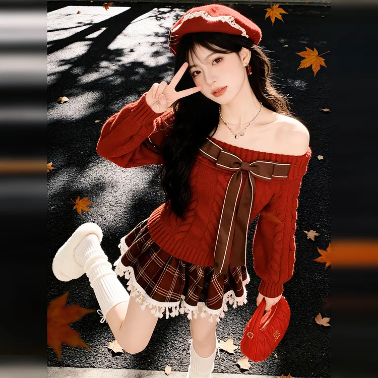 圣诞穿搭红色毛衣连衣裙女秋冬2025新款巨好看穿搭一整套短裙套装