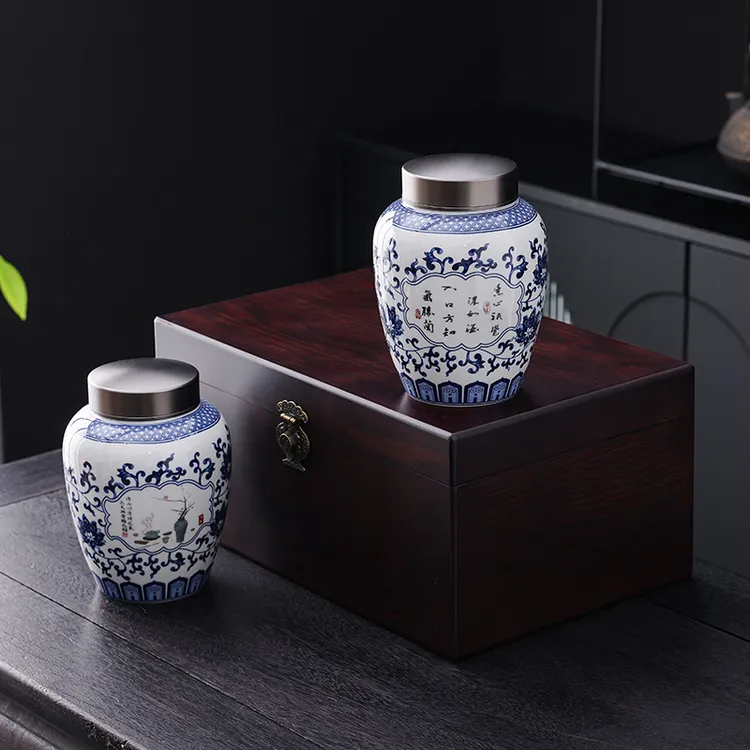 复古木盒茶叶礼盒装空盒中式青花陶瓷茶叶罐六堡茶滇红普洱茶红茶