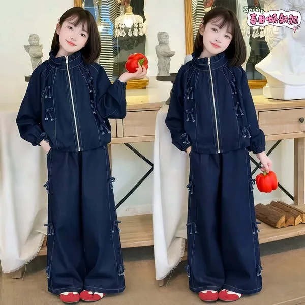 女童秋装蝴蝶结牛仔套装2025新款韩版中大童时尚洋气潮流两件套潮