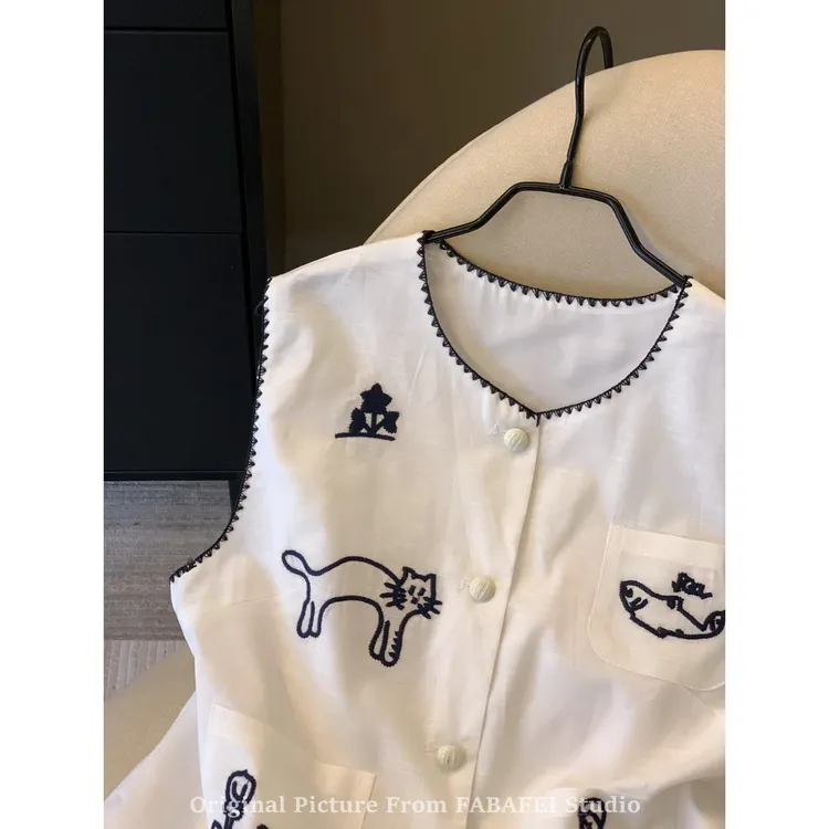 韩版卡通刺绣亚麻衬衫女夏款高级感马甲背心设计感编织明线小上衣