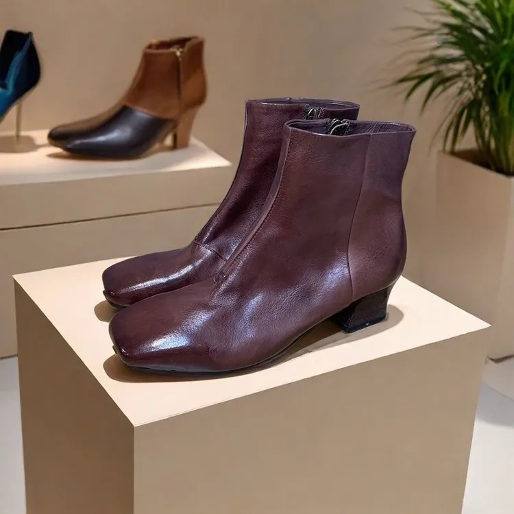 冬季吸汗中跟粗跟方头短靴尖头靴靴子时尚百搭复古