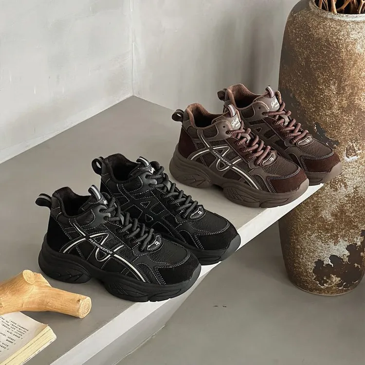 增高真皮加绒老爹鞋女德训鞋厚底运动鞋2025秋冬新款保暖休闲鞋