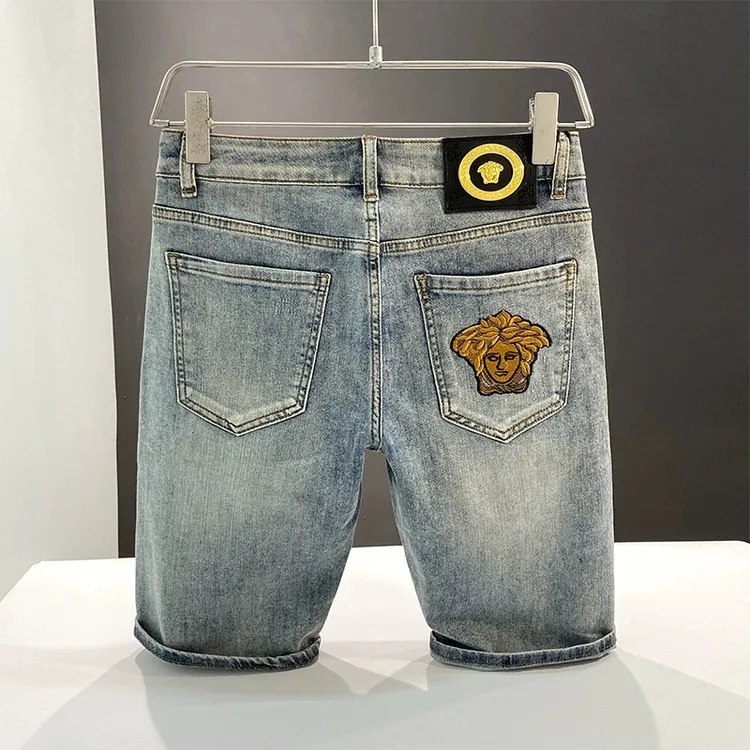 牛仔短裤男士夏季高端欧货浅蓝色潮刺绣舒适百搭透气五分弹力中裤