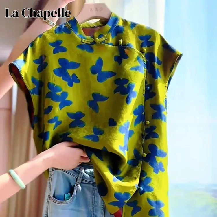 拉夏贝尔新中式国风蝴蝶印花短袖衬衫夏季轻奢高级感女装上衣潮