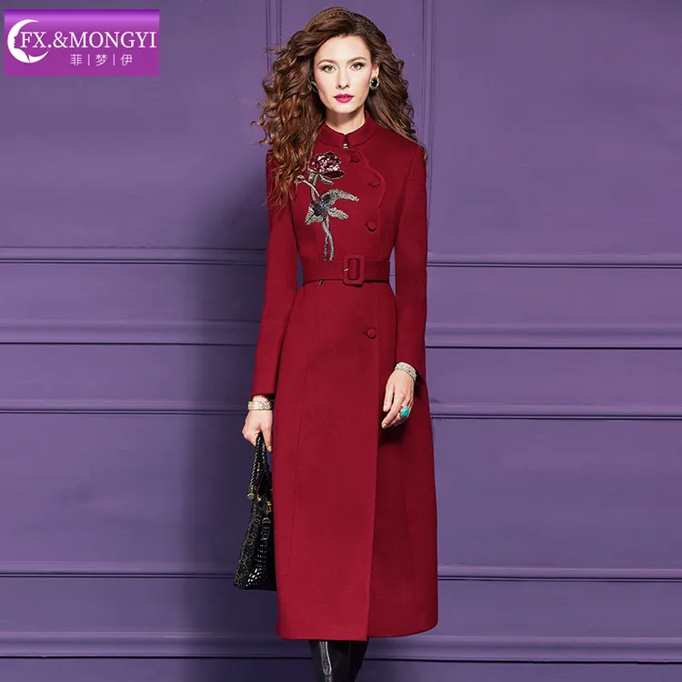 菲梦伊含羊毛绣花红色毛呢外套女冬季收腰中长款呢子大衣68319